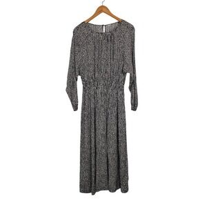 H&M Black Ivory Abstract Print Midi Dress Long Sleeve Smocked Waist Boho Flowy L